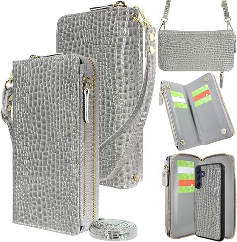 Harryshell Compatible with Samsung Galaxy A15 5G Case Wallet Detachable Phone Cover Dual Zipper [Multi Card Slots] with [Theft-Scan Blocking] Crossbody Wrist Strap (Crocodile Black) in Saudi Arabia