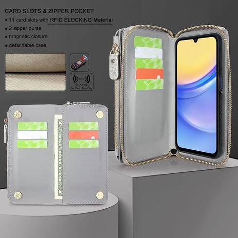 Harryshell Compatible with Samsung Galaxy A15 5G Case Wallet Detachable Phone Cover Dual Zipper [Multi Card Slots] with [Theft-Scan Blocking] Crossbody Wrist Strap (Crocodile Black) in Saudi Arabia