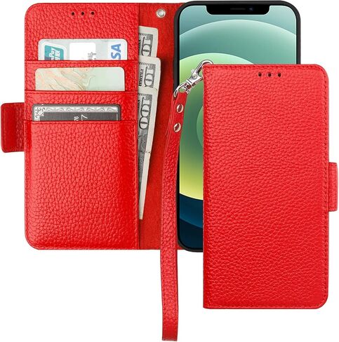 Bocasal iPhone 12/12 Pro Wallet Case, Genuine Leather, Wireless Charging, RFID Blocking, Card Holder, Kickstand, 6.1" (Dark Blue) in Saudi Arabia