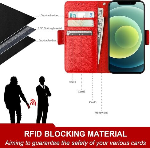 Bocasal iPhone 12/12 Pro Wallet Case, Genuine Leather, Wireless Charging, RFID Blocking, Card Holder, Kickstand, 6.1" (Dark Blue) in Saudi Arabia