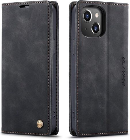 QLTYPRI Case for iPhone 14, Vintage PU Leather Wallet Case Card Slot Kickstand Magnetic Closure Shockproof Flip Folio Book Case Cover for iPhone 14(6.1 inch) - Black in Saudi Arabia