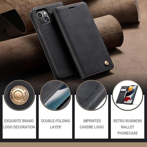 QLTYPRI Case for iPhone 14, Vintage PU Leather Wallet Case Card Slot Kickstand Magnetic Closure Shockproof Flip Folio Book Case Cover for iPhone 14(6.1 inch) - Black in Saudi Arabia