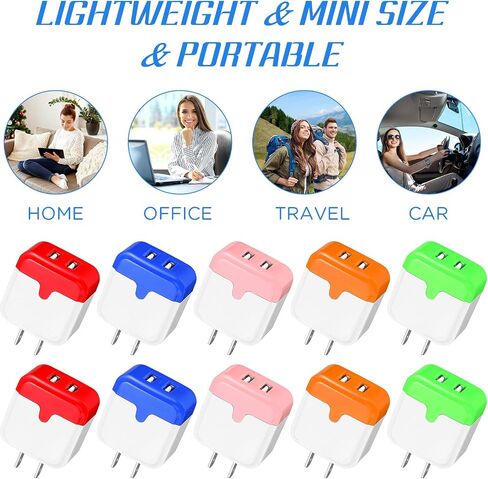 12 Pcs USB Wall Charger Bulk Dual Port Fast Charging Block USB Charger Adapter Plug Cube 2.1A USB Wall Charger Replacement for Most Smartphones and Tablets, Colorful in Saudi Arabia