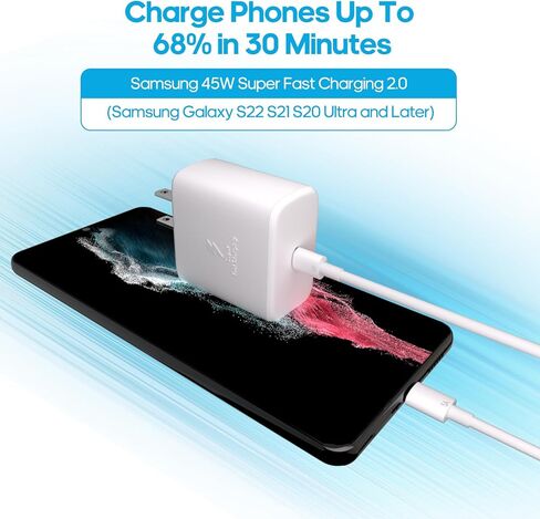 شاحن Samsung 45W USB-C شحن سريع للغاية كتلة شاحن هاتف Android وكابل شاحن 6.6FT من النوع C لهاتف Samsung Galaxy S24 Ultra/S24/S24+/S23Ultra/S23/S23+/Note 10/20/S20/S21، Tab S7/S8، أبيض in Kuwait