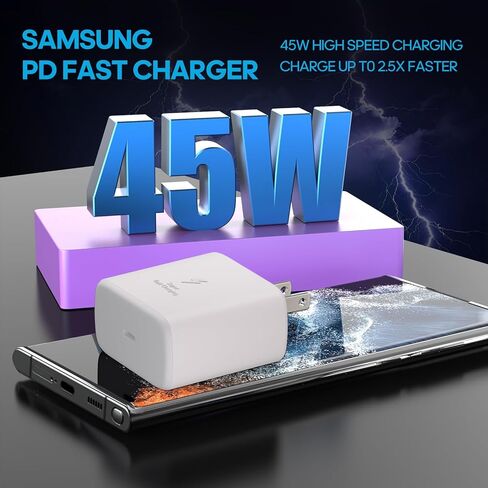 شاحن Samsung 45W USB-C شحن سريع للغاية كتلة شاحن هاتف Android وكابل شاحن 6.6FT من النوع C لهاتف Samsung Galaxy S24 Ultra/S24/S24+/S23Ultra/S23/S23+/Note 10/20/S20/S21، Tab S7/S8، أبيض in Kuwait