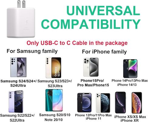 شاحن Samsung 45W USB-C شحن سريع للغاية كتلة شاحن هاتف Android وكابل شاحن 6.6FT من النوع C لهاتف Samsung Galaxy S24 Ultra/S24/S24+/S23Ultra/S23/S23+/Note 10/20/S20/S21، Tab S7/S8، أبيض in Kuwait