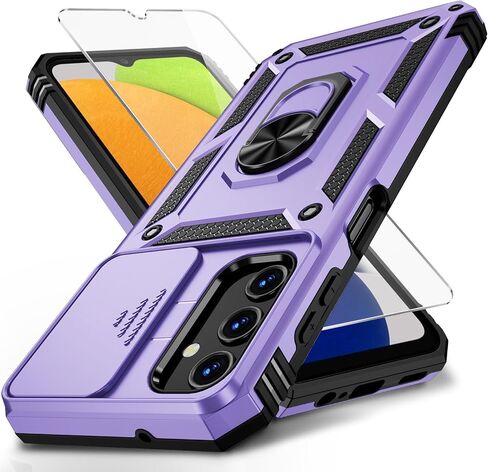 for Samsung Galaxy A03S Case with Slide Camera Lens Cover, HD Screen Protector, Military Grade Drop Protection, Magnetic Rotated Ring Holder Kickstand Phone Case (Black) in Saudi Arabia