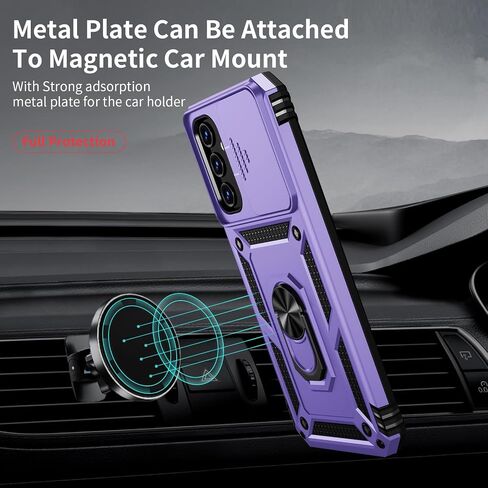 for Samsung Galaxy A03S Case with Slide Camera Lens Cover, HD Screen Protector, Military Grade Drop Protection, Magnetic Rotated Ring Holder Kickstand Phone Case (Black) in Saudi Arabia