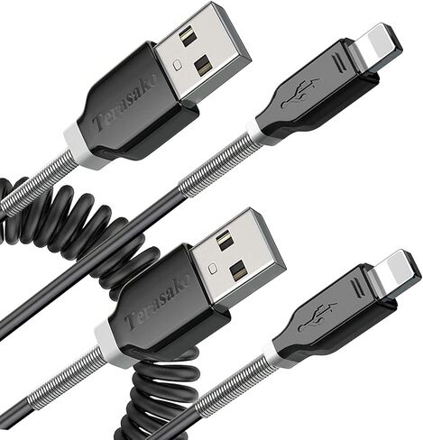 كابل لايتنينج ملفوف من Terasako للسيارة مكون من قطعتين [كابل شاحن iPhone ملفوف بطول 3 أقدام متوافق مع iPhone 12Pro Max/12Pro/12/11/XS/XS Max/XR/X/8/8 Plus/iPad/iPod in Kuwait