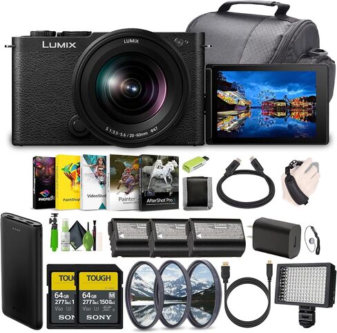 كاميرا باناسونيك LUMIX S9 مدمجة بإطار كامل بدون مرآة مع عدسة تثبيت F3.5-5.6 L مقاس 20-60 مم لمنشئي المحتوى - أسود - حزمة مع بطاقة ذاكرة 2X سعة 64 جيجابايت + بطاريات إضافية + مصباح فيديو LED والمزيد in Saudi Arabia
