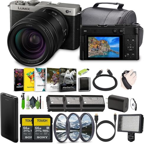 Panasonic LUMIX S9 Mirrorless Full Frame Compact Camera with 28-200mm L Mount Lens for Content Creators - Silver-Bundle with 2X 64GB Memory Card + Extra Batteries + Video LED Light and More in Saudi Arabia
