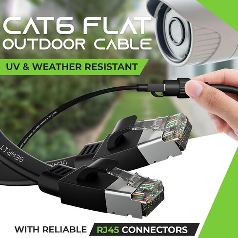 GearIT Cat 6 Outdoor Flat Ethernet Cable (15ft, Black) Direct Burial Rated LLDPE Jacket - Indoor Cat6 Shielded FTP 10Gbps High Speed Gaming Computer Network RJ45 Snagless Patch Cord Internet in Saudi Arabia