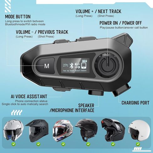 Motorcycle Bluetooth 5.4 Headset with LCD Screen,Motorcycle Helmet Speakers with 2 Mic,3D Stereo Sound,48h Music&FM,Noise Reduction and Waterproof Headset for Helmet Accessories in Saudi Arabia
