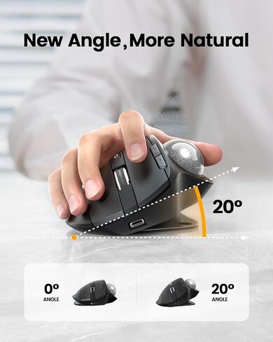 ProtoArc EM01 NL Wireless Trackball Mouse, Rechargeable Thumb Control, Gray | 0/20° Adjustable Angle to Reduce Fatigue, Triple-Device Bluetooth & 2.4G USB-A for Office Use, Silent Click, Easy to Clean in Kuwait