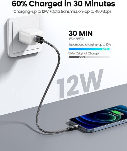 ORICO USB A to Lightning Cable, 12W Lightning Cable Fast Charging High-Speed Data Transfer Cord Nylon Braided, Compatible with iPhone 13 12 11 Pro Max XS XR X 8 7 Plus 6S SE iPad and More in Saudi Arabia