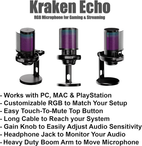 ميكروفون مكثف USB من Kraken Echo RGB للألعاب والبودكاست والبث لأجهزة الكمبيوتر الشخصية وPS5 وPS4 وMAC وأجهزة الكمبيوتر المحمولة. كتم صوت اللمس - مقبض الكسب - المراقبة - RGB يمكن التحكم فيه - ميكروفون ألعاب الكمبيوتر الشخصي مع حامل مكتب (أسود) in Saudi Arabia