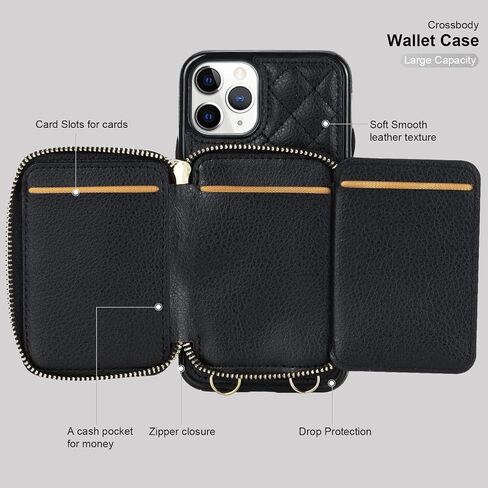 Bocasal Crossbody Wallet Case for iPhone 11 Pro, RFID Blocking PU Leather Zipper Handbag Purse Flip Cover, Kickstand Folio Case with Card Slots Holder Wrist Strap Lanyard 5.8 Inch (Black) in Saudi Arabia