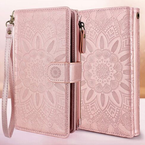 Harryshell Detachable Magnetic Zipper Wallet Leather Case Cash Pocket with 12 Card Slots Holder Wrist Strap for iPhone 8 Plus/iPhone 7 Plus / 6S Plus 5.5 Inch Floral Flower (Black) in Saudi Arabia