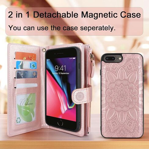 Harryshell Detachable Magnetic Zipper Wallet Leather Case Cash Pocket with 12 Card Slots Holder Wrist Strap for iPhone 8 Plus/iPhone 7 Plus / 6S Plus 5.5 Inch Floral Flower (Black) in Saudi Arabia