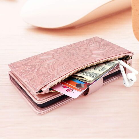 Harryshell Detachable Magnetic Zipper Wallet Leather Case Cash Pocket with 12 Card Slots Holder Wrist Strap for iPhone 8 Plus/iPhone 7 Plus / 6S Plus 5.5 Inch Floral Flower (Black) in Saudi Arabia