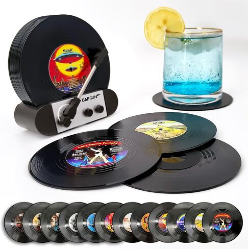 Funny Retro Vinyl Record Coasters, Creative Drink Coasters Set of 6 with Vinyl Record Player Holder for Music Lovers, Housewarming Hostess Gifts, Birthday and White Elephant Gifts Ideas in Saudi Arabia