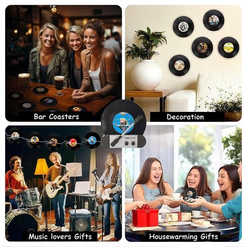 Funny Retro Vinyl Record Coasters, Creative Drink Coasters Set of 6 with Vinyl Record Player Holder for Music Lovers, Housewarming Hostess Gifts, Birthday and White Elephant Gifts Ideas in Saudi Arabia