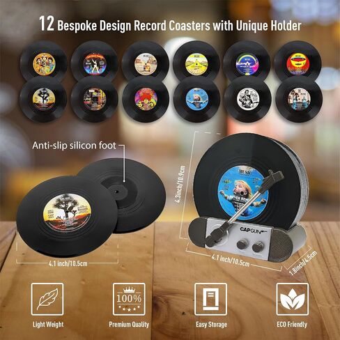 Funny Retro Vinyl Record Coasters, Creative Drink Coasters Set of 6 with Vinyl Record Player Holder for Music Lovers, Housewarming Hostess Gifts, Birthday and White Elephant Gifts Ideas in Saudi Arabia