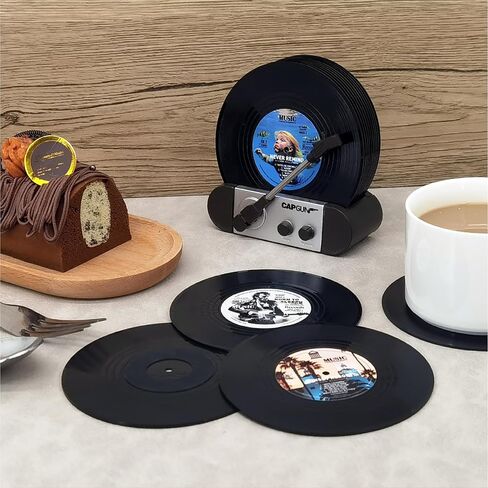 Funny Retro Vinyl Record Coasters, Creative Drink Coasters Set of 6 with Vinyl Record Player Holder for Music Lovers, Housewarming Hostess Gifts, Birthday and White Elephant Gifts Ideas in Saudi Arabia