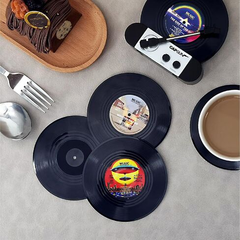 Funny Retro Vinyl Record Coasters, Creative Drink Coasters Set of 6 with Vinyl Record Player Holder for Music Lovers, Housewarming Hostess Gifts, Birthday and White Elephant Gifts Ideas in Saudi Arabia