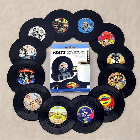 Funny Retro Vinyl Record Coasters, Creative Drink Coasters Set of 6 with Vinyl Record Player Holder for Music Lovers, Housewarming Hostess Gifts, Birthday and White Elephant Gifts Ideas in Saudi Arabia