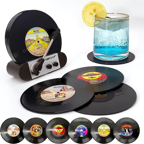 قواعد أكواب مضحكة من الفينيل ريترو، مجموعة قواعد أكواب إبداعية مكونة من 6 قطع مع حامل مشغل تسجيلات الفينيل لمحبي الموسيقى، وهدايا مضيفة الترحيب بالمنزل الجديد، وأفكار هدايا أعياد الميلاد والفيل الأبيض in Kuwait