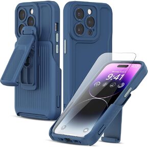 جراب مصمم لهاتف iPhone 14 Pro مع مشبك حزام وواقي شاشة وغطاء مقاوم للصدمات من الدرجة العسكرية مع مسند دوار 360 درجة، جراب هاتف 6.1 بوصة، أزرق