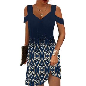 Womens Summer Dress Cold Shoulder V Neck Floral Printed 2024 Fashion Sundress with Pockets