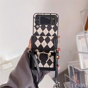 for Samsung Galaxy Z Flip 3 Case with Card Holder Wallet,PU Leather Protective Cover Case with Adjustable Shoulder Lanyard for Z Flip 3(Black)