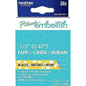 Brother P-touch Embellish Black Print on Yellow Stars Patterned tape TZEMPYS31 – ~½" Wide x 13.1’ Long for use with P-touch Embellish Ribbon & Tape Printer