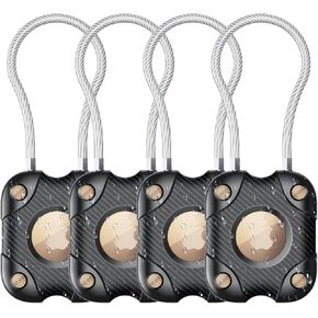 4 Pack Waterproof AirTag Secure Holder with Wire Cable, Airtag Lock Case Compatible with Apple AirTag, Anti-Lost Protective Case for Luggage, Keys, Pets and More, Black