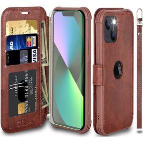 VANAVAGY Compatible for iPhone 13 Mini Wallet Case for Women and Men,RFID Flip Leather Cover with Wrist Supports Wireless Charging with Card Holder and Glass Screen Protector,Black