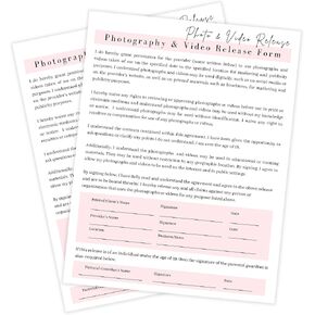 Photography and Video Release Form | 50 Pack | 8.5 x 11" A1 Forms | Photography Supplies | Cosmetologist Supplies | Minimalist White & Pink Design