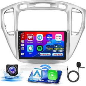 راديو ستيريو للسيارة 2+64G Android 13 CarPlay لسيارة Toyota Highlander 2001-2007، شاشة لمس عالية الدقة 9 بوصة متوافقة مع Android Auto، كاميرا احتياطية AHD، وصلة مرآة، GPS، WiFi، FM RDS