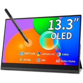OLED Portable Monitor 4K Touchscreen, 13.3 Inch USB-C Monitor with MPP Stylus Pen Support -100% DCI-P3, 1MS,TÜV-Low Blue Eye Care Gaming Monitor for Laptop PC