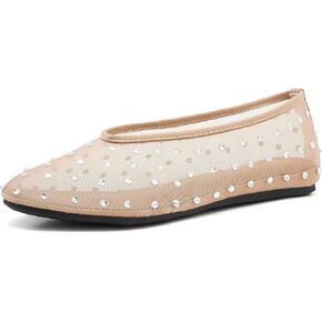 Rhinestone Ballet Flats for Women Crystal-Embellished Mesh Ballerina Shoes Comfortable Casual Dress Flat Shoe