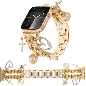 Stylish Metal Bands Compatible with Apple Watch Band 49/45/44/42mm 41/40/38mm Women,Cuban Chain Band with Cute Pendants Love Cross Charms Strap for iWatch Series 9 8 7 6 5 4 3 2 SE Ultra 2