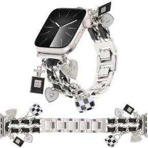 Stylish Metal Bands Compatible with Apple Watch Band 49/45/44/42mm 41/40/38mm Women,Cuban Chain Band with Cute Pendants Love Cross Charms Strap for iWatch Series 9 8 7 6 5 4 3 2 SE Ultra 2