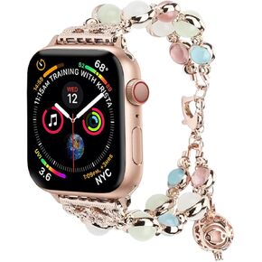 TILON For Apple Watch Band 38/40/41mm 42/44/45mm Series 7 6 5 4 3 2 1&SE, Adjustable Wristband Handmade Night Luminous Pearl iWatch Bracelet with Essential Oil/Perfume Storage Pendant for Women