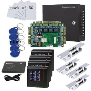 MENGQI-CONTROL RFID Keypad Access Control System Card or PIN Code Open 4 Doors Strike Lock Smart TCPIP Control Board Keypad Door Access 110-240V Power Supply Box