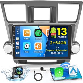 Roinvou 8 Cores 4+64G Android Radio Upgrade for Toyota Highlander 2008-2013, 10.1'' HD Touchscreen with Wireless CarPlay Android Auto GPS Navigation WiFi Backup Camera Mirror Link Bluetooth Mic RDS