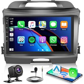Fuluku【for Kia Sportage 2010-2016】 2+32G Car Stereo with Wireless Carplay Android Auto, 9" Touch Screen Radio Dash Kit GPS Navigation WiFi Bluetooth SWC Mirror Link, MIC Backup Camera