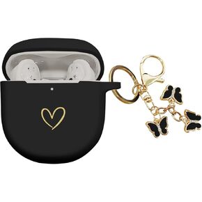 Compatible with Bose QuietComfort Earbuds II 2022, Soft Silicone Case with Gold Heart Pattern for Bose QC II Case with Cute Butterfly Keychain for Girls Women (Black)
