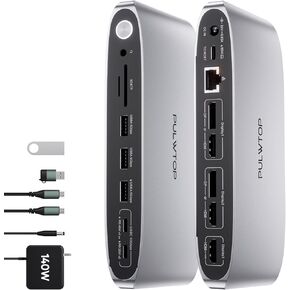 DisplayLink Docking Station Triple Monitor with 140W Power Adapter, PULWTOP 4K@60Hz Laptop Docking USB C Dock for MacBook M1/M2/M3, Windows, 3xHDMI, 2xDisplayPort,5xUSB C/USB A Data/Charging