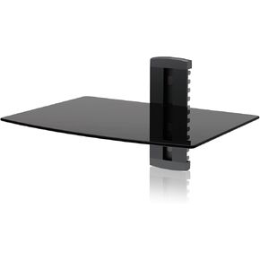 Ematic 2 Level Tempered Glass Shelf Mount - Entertainment Center, Cord Management, Durable, Easy Install, Black, Model: EMD212